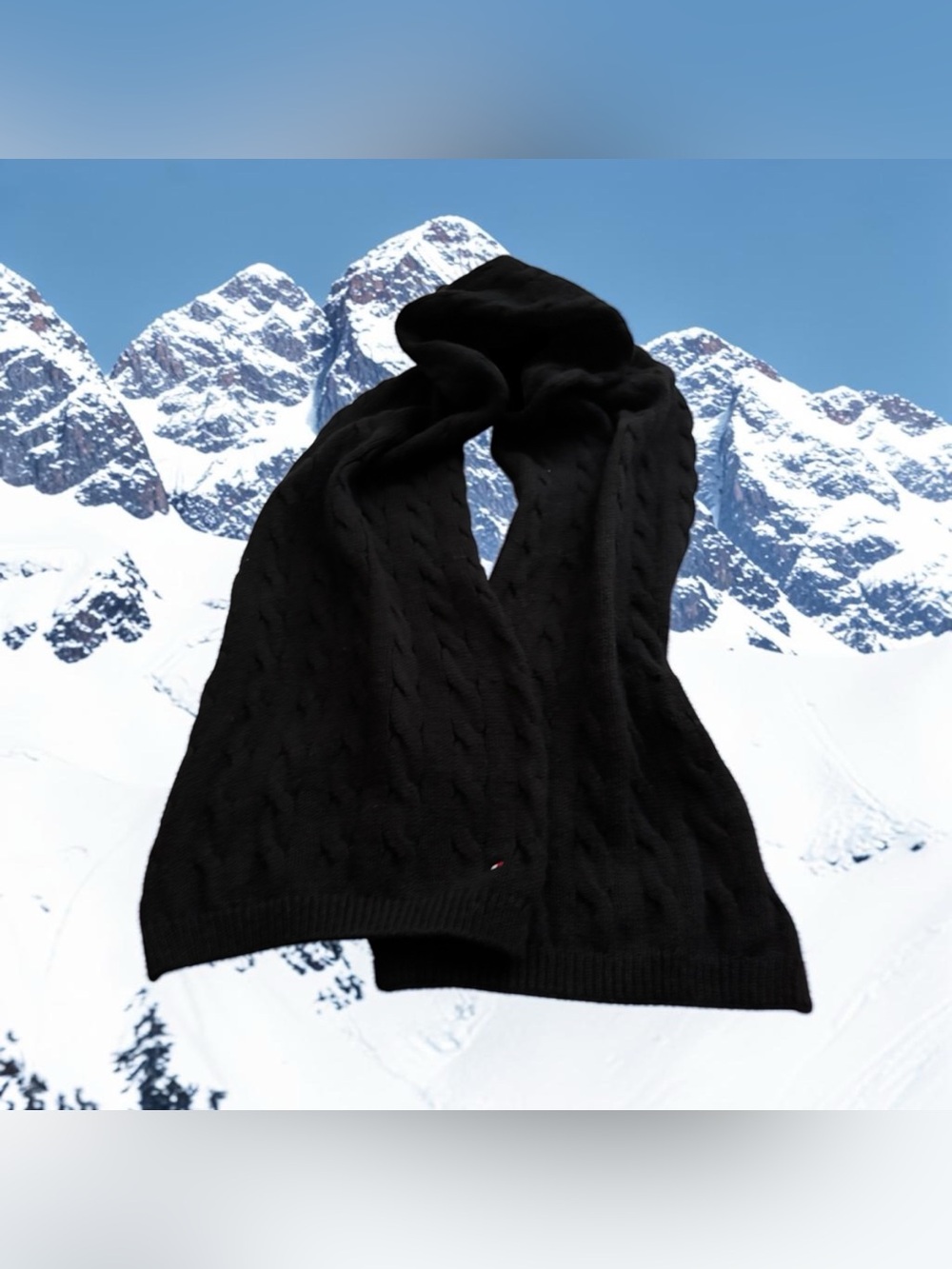 Tommy Hilfiger Vertical Rope Cable Knit Scarf Black Flag Logo Winter Outdoors